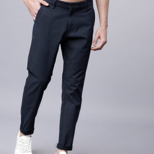 HIGHLANDER Men Navy Blue Slim Fit Solid Regular Trousers Price