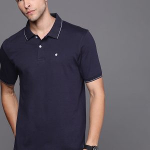 Louis Philippe Men Navy Blue Pure Cotton Solid Polo Collar T-shirt Price