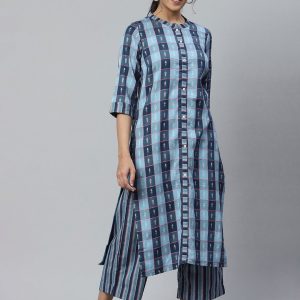 AURELIA Women Blue Printed Chanderi Cotton Kurta Set Price