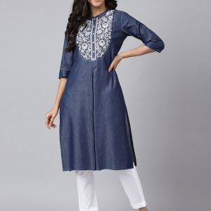 AURELIA Women Blue Geometric Yoke Design Keyhole Neck Thread Work Kurta Price