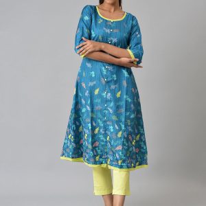 AURELIA Women Blue & Yellow Floral Printed Anarkali Kurta Price
