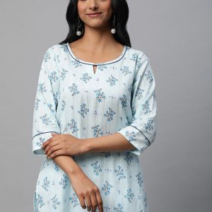 AURELIA Floral Printed Keyhole Neck Kurti with Trousers Price