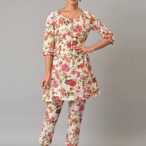 AURELIA Floral Printed Sequinned A-Line Kurti with Trousers Price