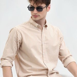 RODEIZ Men Striped Casual Beige, White Shirt