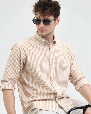 RODEIZ Men Striped Casual Beige, White Shirt