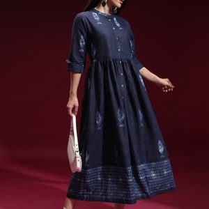 Vishudh Women A-line Dark Blue, White Midi/Calf Length Dress