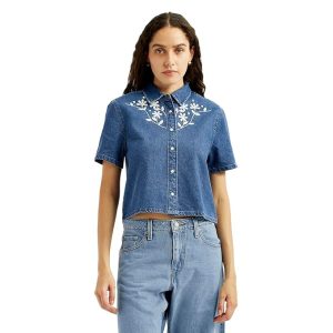 Levis-Women-Embroidered-Blue-Spread-Collar-Shirt