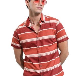 KETCH Horizontal Striped Spread Collar Cotton Slim Fit Casual Shirt
