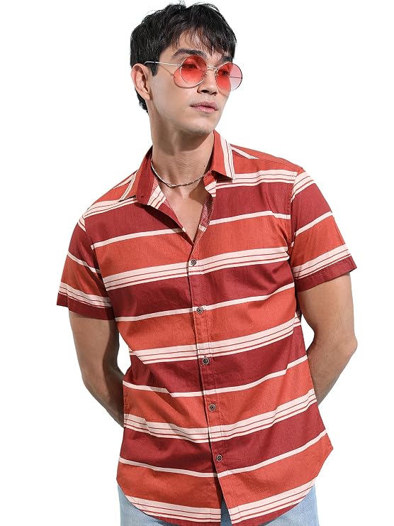 KETCH Horizontal Striped Spread Collar Cotton Slim Fit Casual Shirt