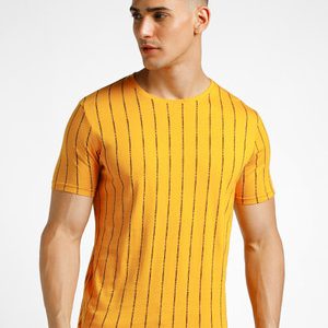 Urbano Fashion Striped, Printed Men Round Neck Yellow T-Shirt