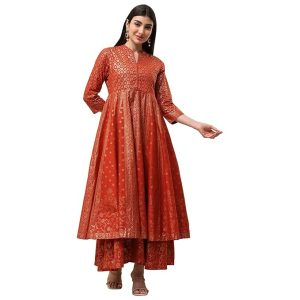 BIBA Women Terracotta Cotton Layered Anarkali Dress