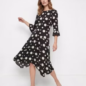 COVER STORY Polka Dot Print Flared Sleeve Ruffled A-Line Midi Dress