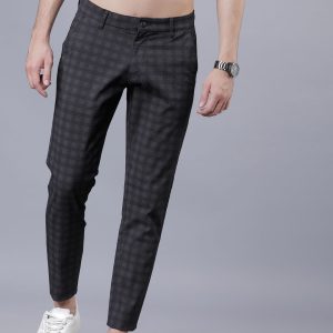 HIGHLANDER Men Black & Grey Slim Fit Checked Regular Trousers Price