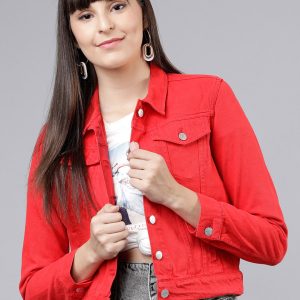 Tokyo Talkies Women Red Solid Denim Jacket Price