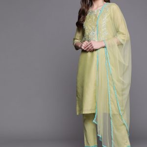 Biba Women Green Yoke Design Kurta with Trousers & Dupatta Price