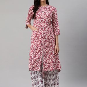 Biba Women Off-White & Magenta Printed Kurta with Palazzos Price