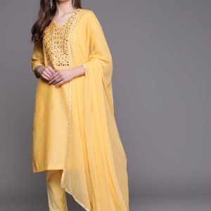 Biba Women Yellow & Silver Mirror Work Kurta with Trousers & Dupatta Price