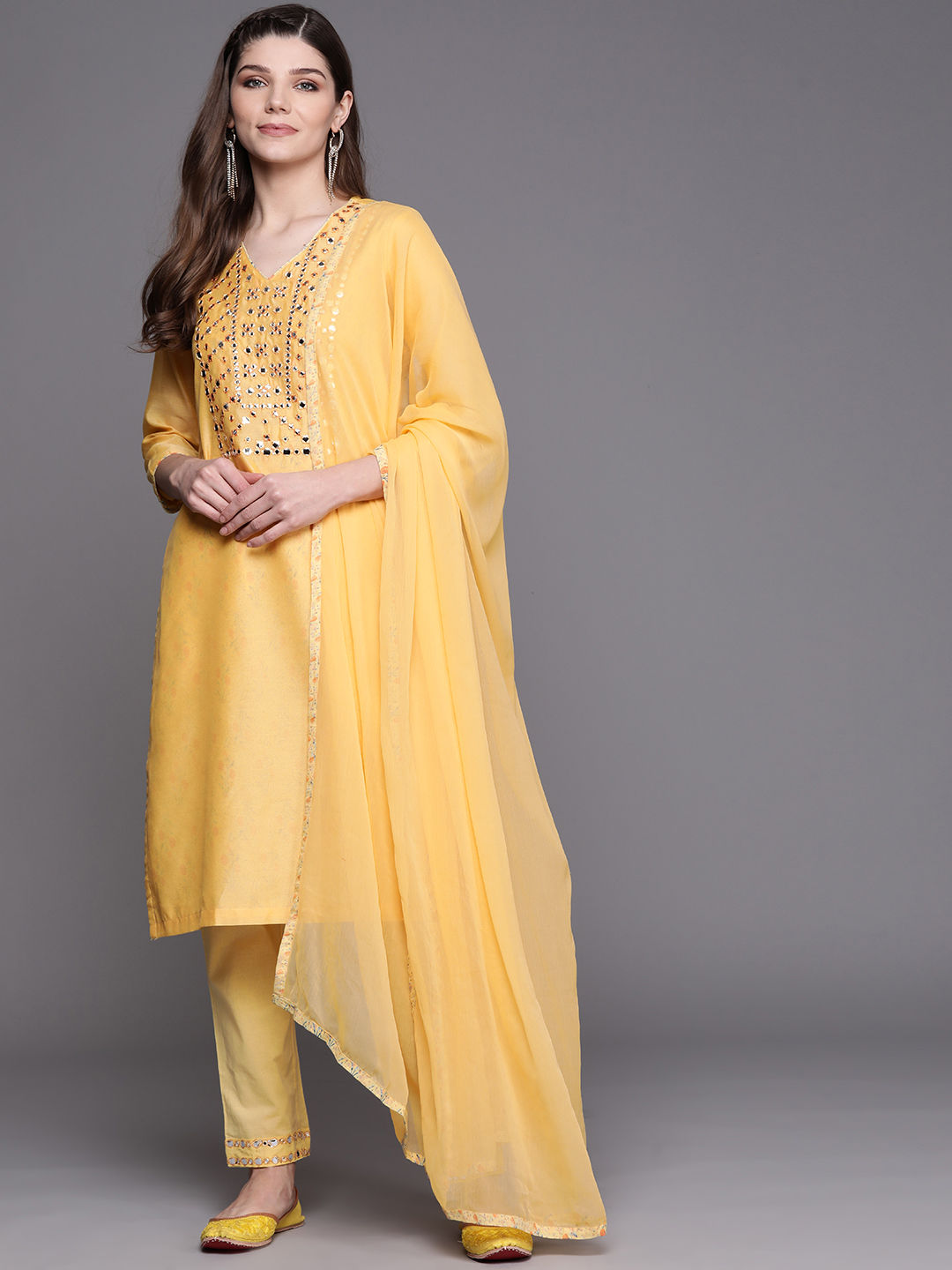 Biba Women Yellow & Silver Mirror Work Kurta with Trousers & Dupatta Price