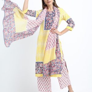 Vishudh Women Yellow Ethnic Motifs Printed Kurta with Palazzos & With Dupatta Price