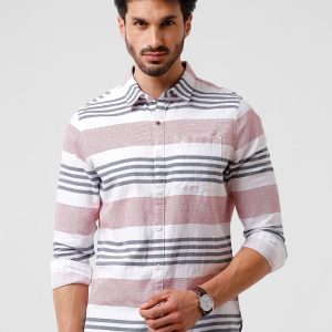 WROGN Men Red Slim Fit Horizontal Stripes Striped Casual Shirt Price