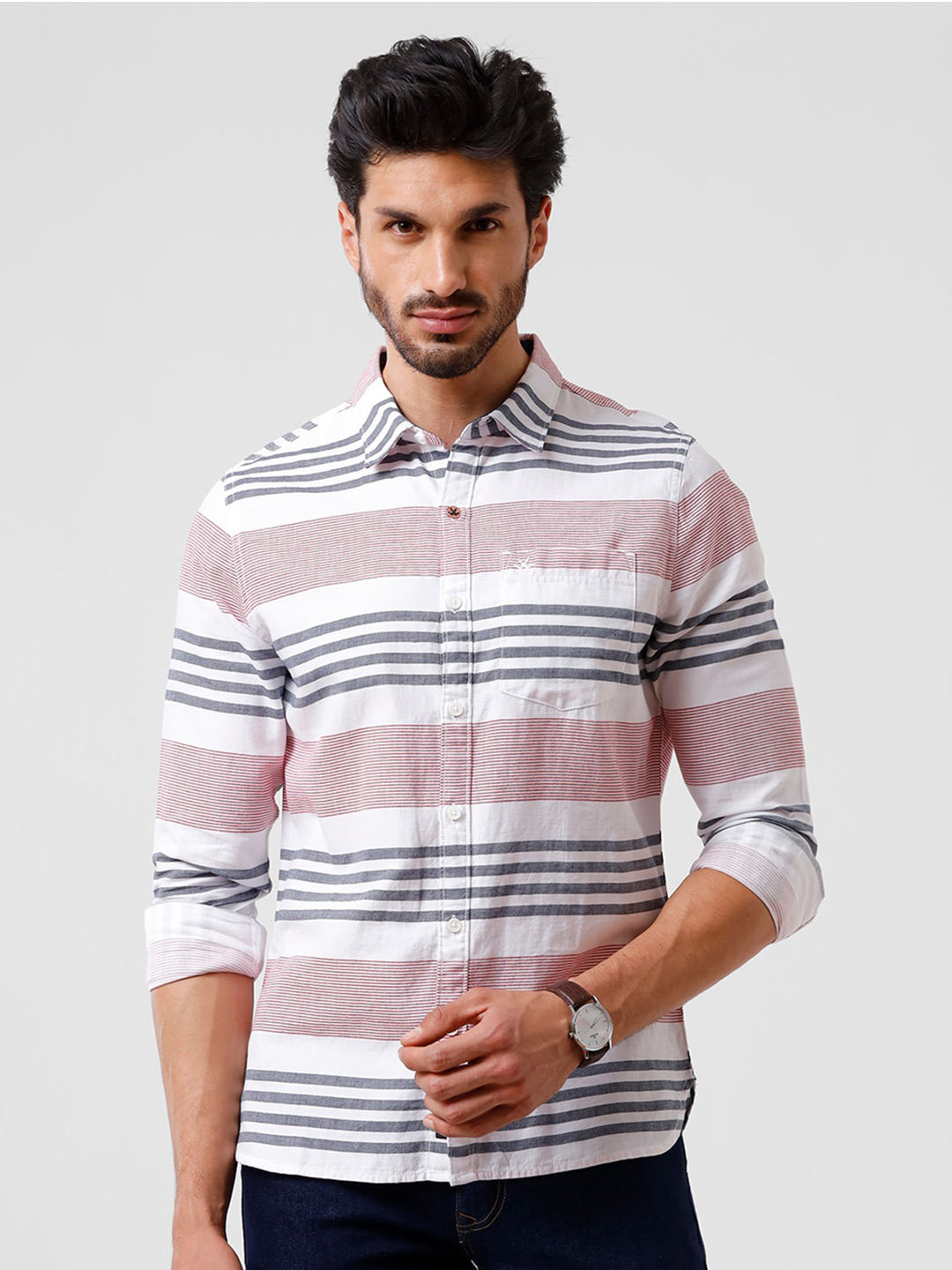 WROGN Men Red Slim Fit Horizontal Stripes Striped Casual Shirt Price