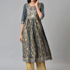 AURELIA Women Grey & Gold-Toned Ethnic Motifs Printed Keyhole Neck Anarkali Kurta Price