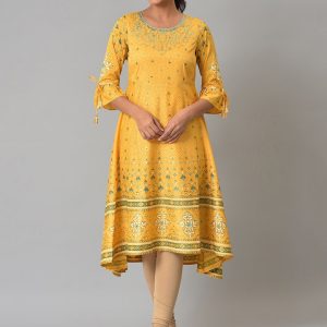 AURELIA Women Yellow & Blue Ethnic Motifs Printed Anarkali Kurta Price