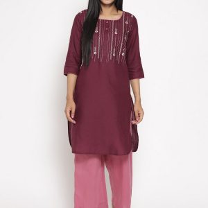 AURELIA Women Purple Floral Embroidered Kurta with Palazzos Price
