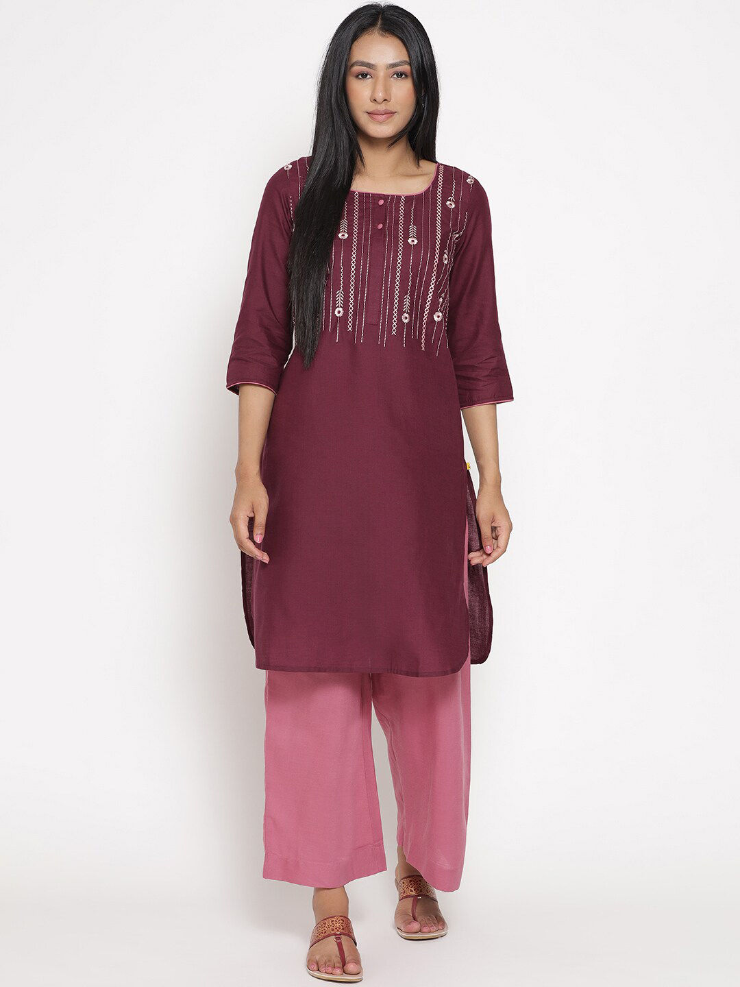 AURELIA Women Purple Floral Embroidered Kurta with Palazzos Price