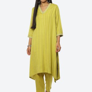 Biba Striped Thread Work Kurta with Trousers Price