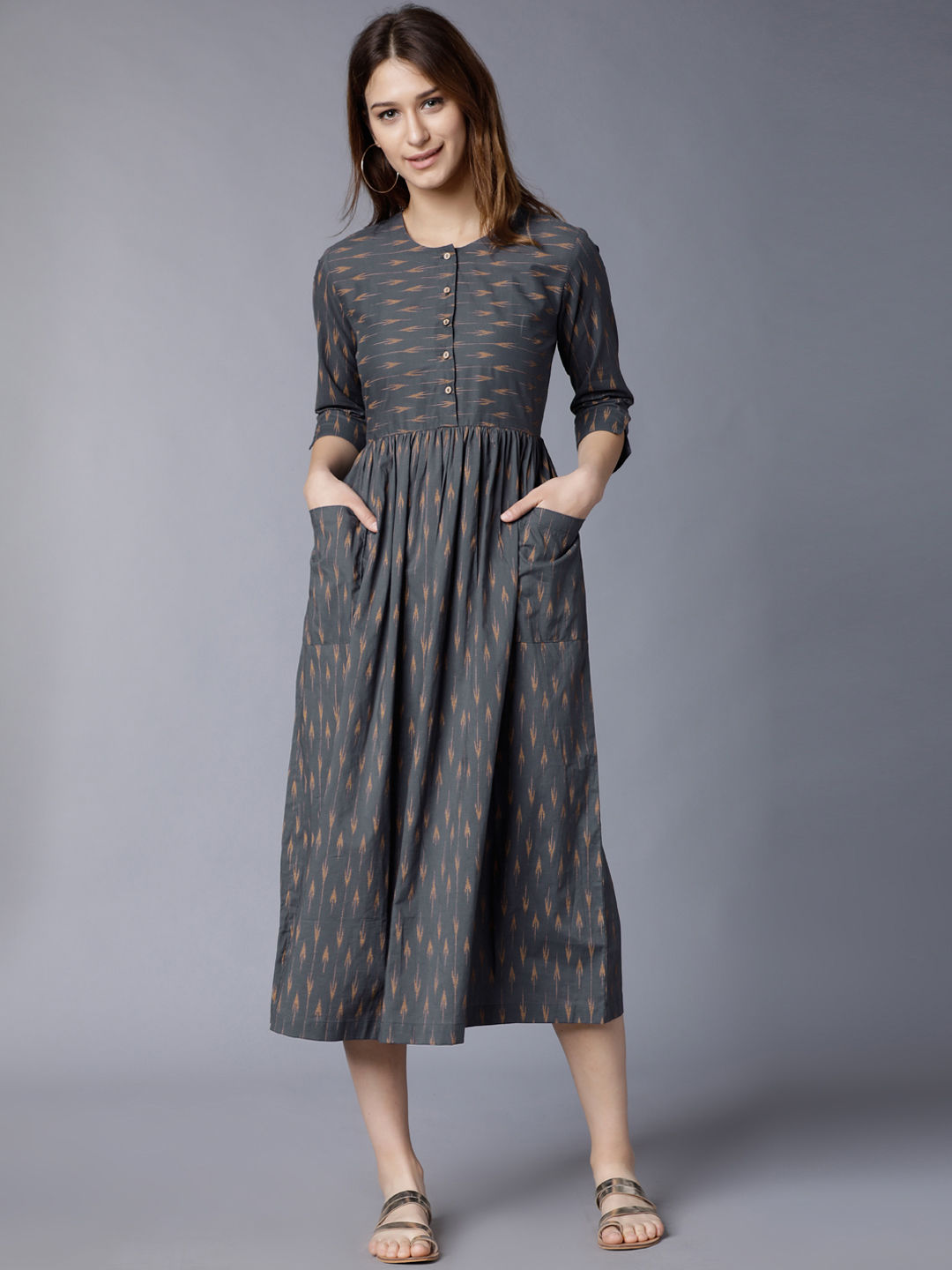 Vishudh Women Grey Printed Fit and Flare Dress Price