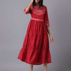 AURELIA Red Ethnic Motifs Tiered Midi Dress Price