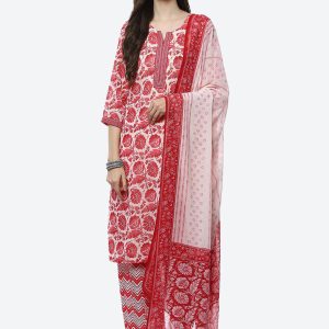 Biba Women Red Floral Printed Kurta with Trousers & With Dupatta Price