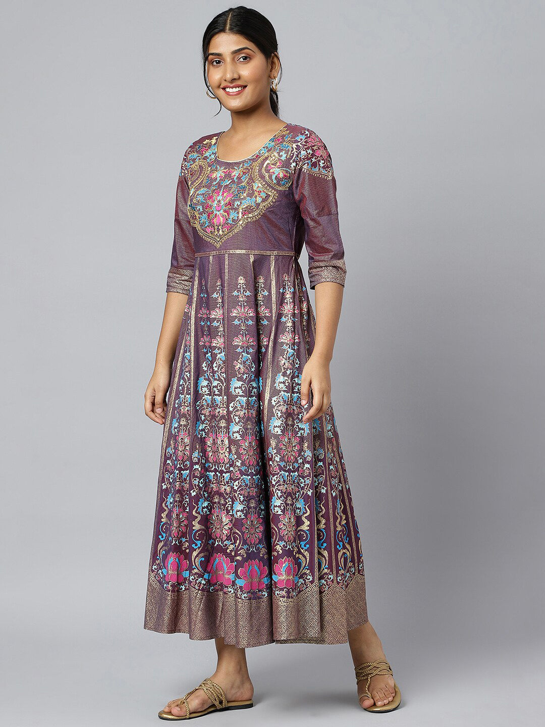 AURELIA Purple & Gold Ethnic Motifs Printed Maxi Dress Price
