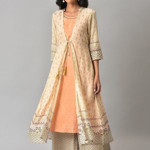 AURELIA Women Beige Ethnic Motifs Printed Layered Kurta with Palazzo Price