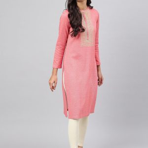 AURELIA Women Pink Geometric Yoke Design Thread Work Kurta Price