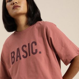 DILLINGER Women Rust Pink Printed Longline Oversized Cotton Pure Cotton T-shirt Price