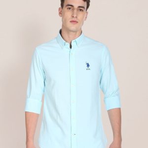 U S Polo Assn Men Light Blue Embroidered Tailored Fit Pure Cotton Casual Shirt Price