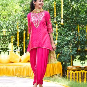 AURELIA Women Pink Floral Embroidered Thread Work Kurta with Dhoti Pants & Dupatta Price