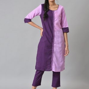 AURELIA Women Purple Colourblocked Panelled Kurta with Palazzos Price