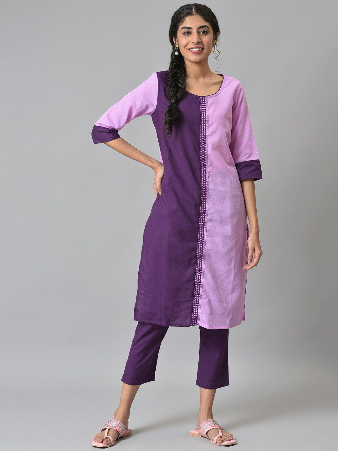 AURELIA Women Purple Colourblocked Panelled Kurta with Palazzos Price