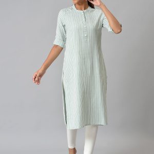 AURELIA Women Green & White Striped Kurta Price