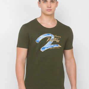 SPYKAR Men Green & Blue Printed Slim Fit Round Neck T-shirt Price