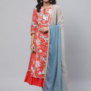 Biba Women Red & Grey Floral Printed Kurta with Churidar & Dupatta Price