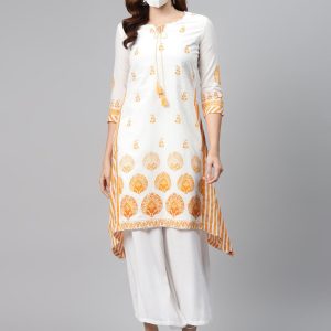 Biba Women White Yellow Printed Pure Cotton A-Line Asymmetric Kurta Price