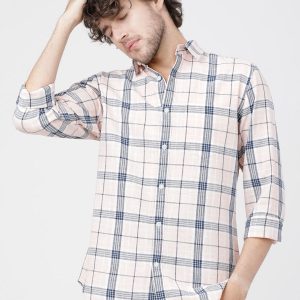 HIGHLANDER Men Pink & Navy Blue Slim Fit Checked Cotton Linen Casual Shirt Price