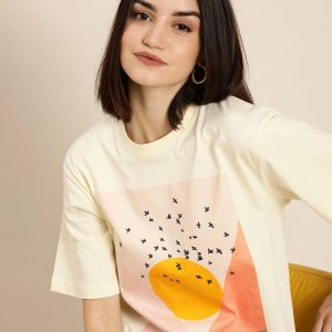 DILLINGER Women Cream-Coloured Printed Cotton Oversized Pure Cotton T-shirt Price