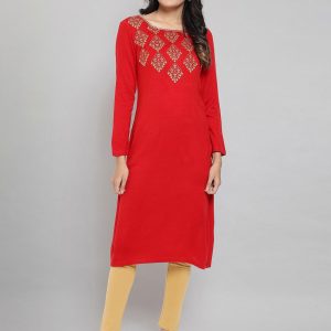 AURELIA Women Red Embroidered Flared Sleeves Thread Work Kurta Price