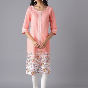 AURELIA Women Peach-Coloured & White Floral Printed Kurta Price