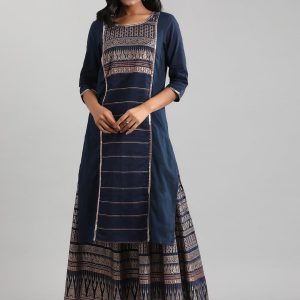 AURELIA Women Navy Blue & Gold Ethnic Motifs Sequinned Cotton Straight Kurta Price